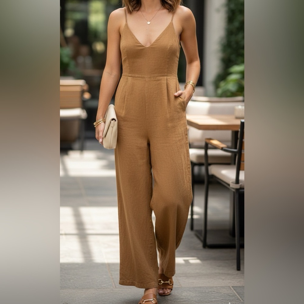 YFB Tan V-Neck Sleeveless Jumpsuit with Relaxed Silhouette YFB
